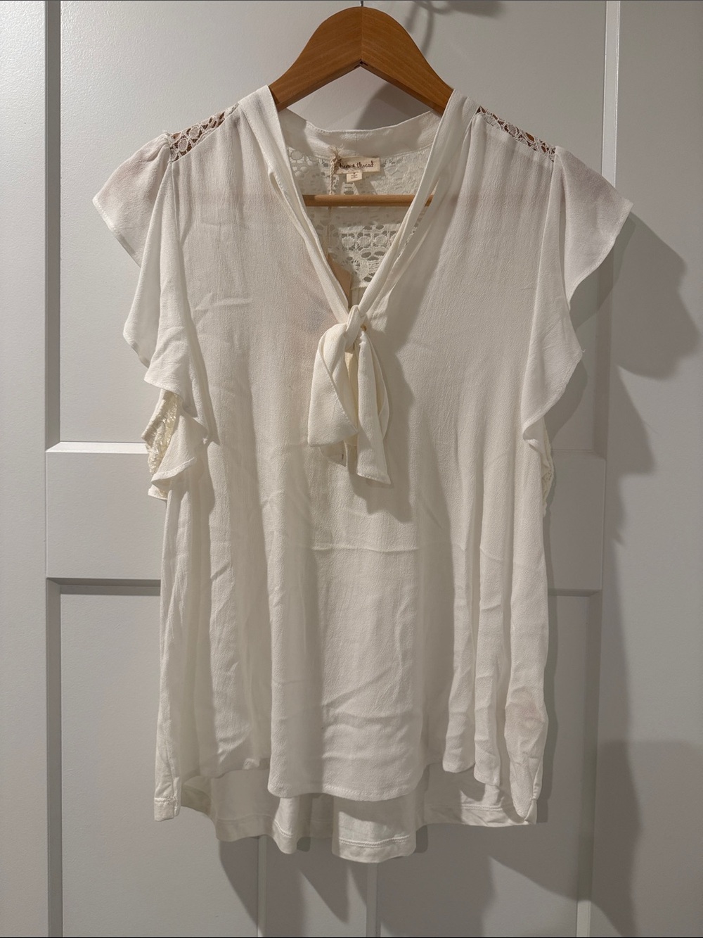 Hem & Thread Ivory Tie-Neck Flutter Sleeve Blouse